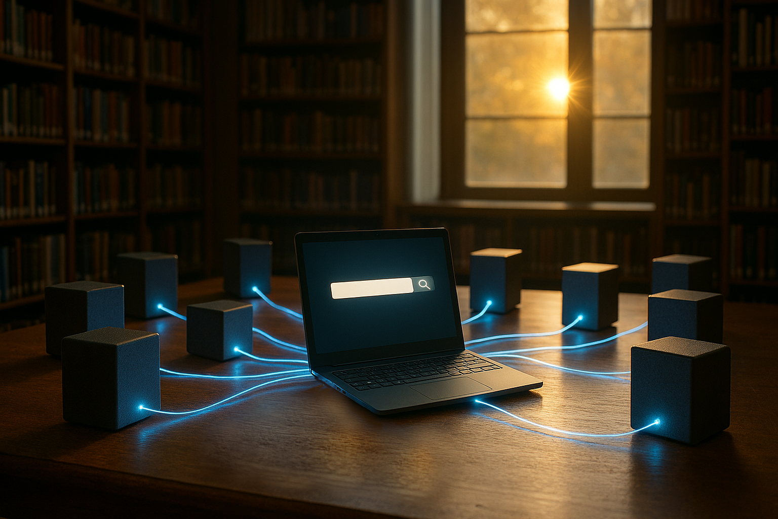 Image showing a computer, connected to knowledge sources.