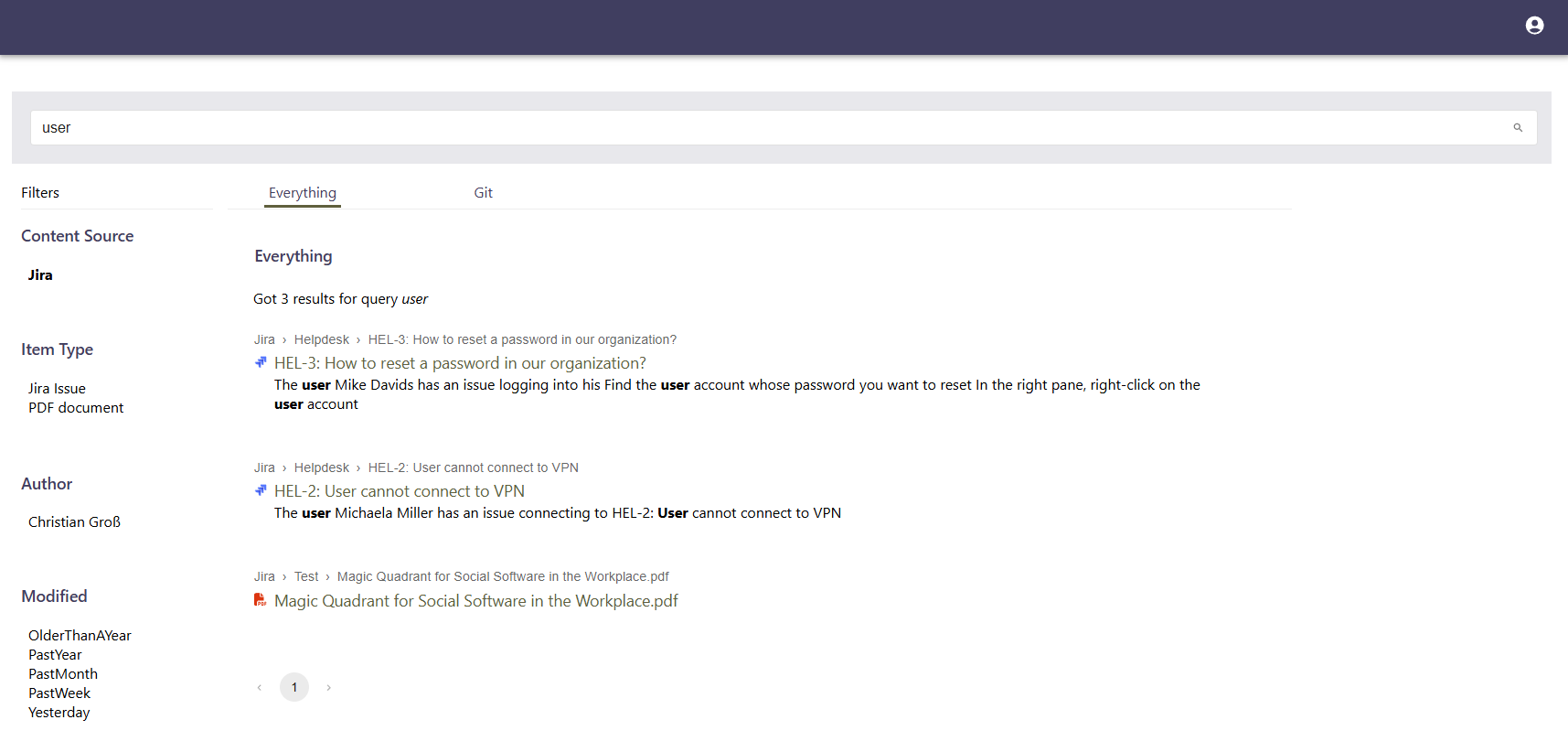 Ein Screenshot eine Enterprise Search mit Jira Treffern
