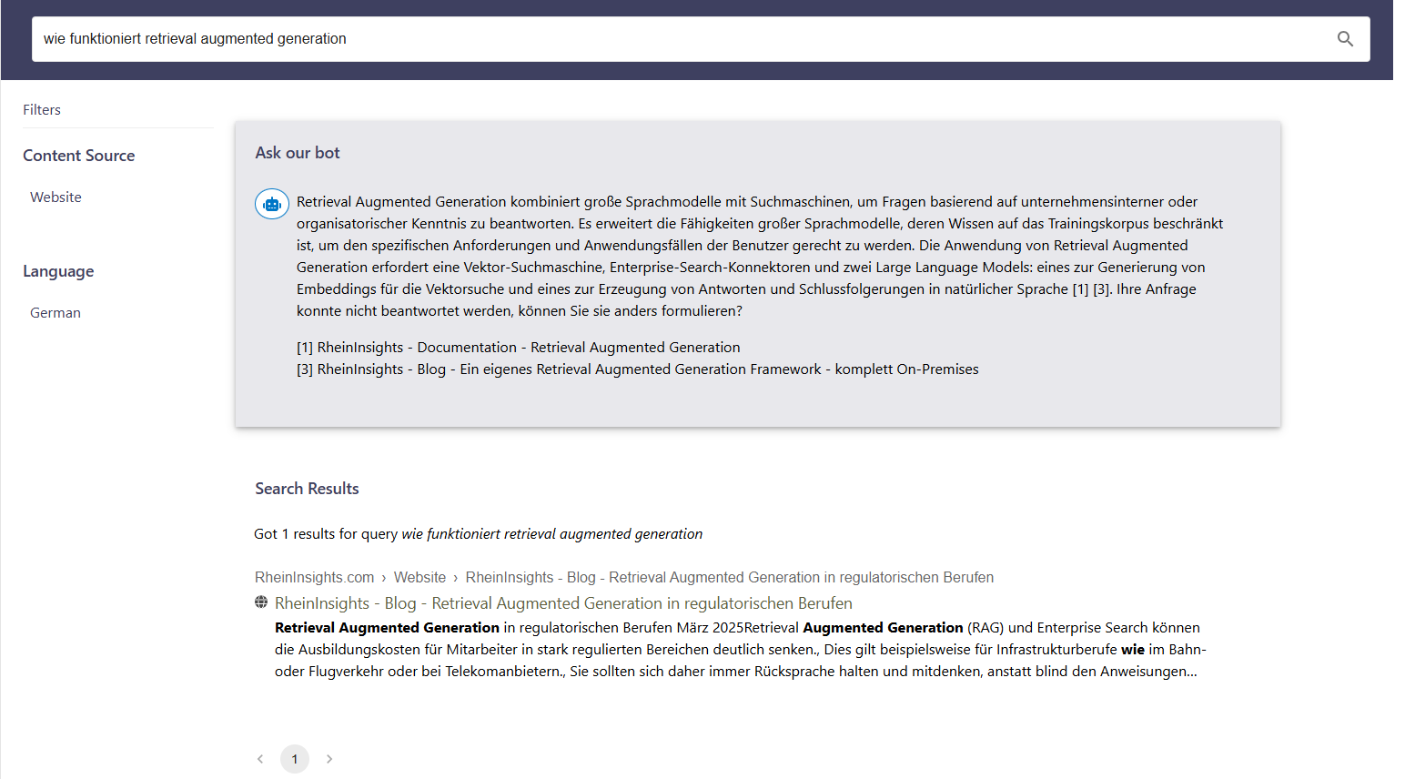 Screenshot unserer Webseitensuche mit Retrieval Augmented Generation.