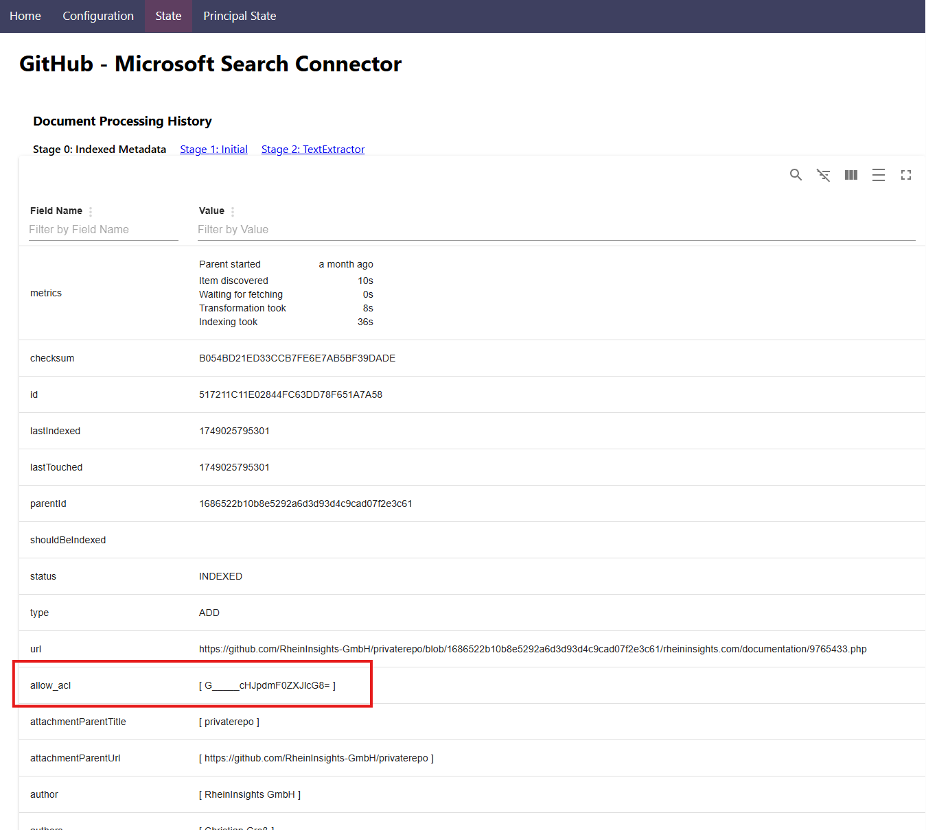 Screenshot of our state view which shows the access control lists of a document