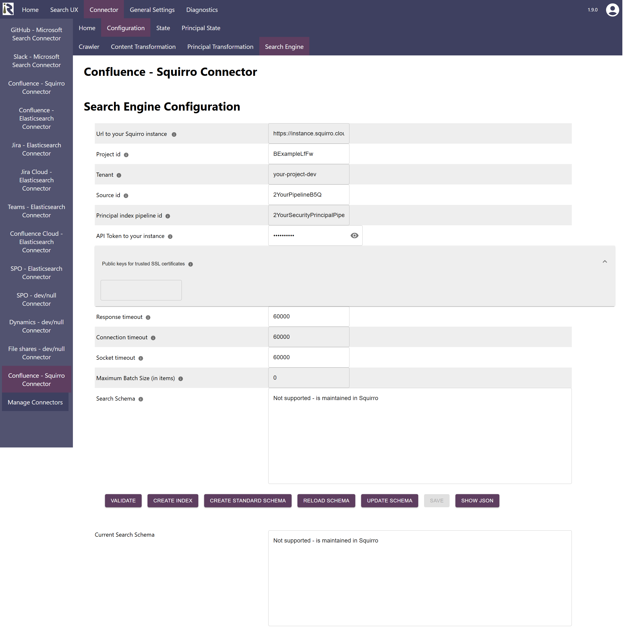 Configuration Dialog for Squirro Search Engine